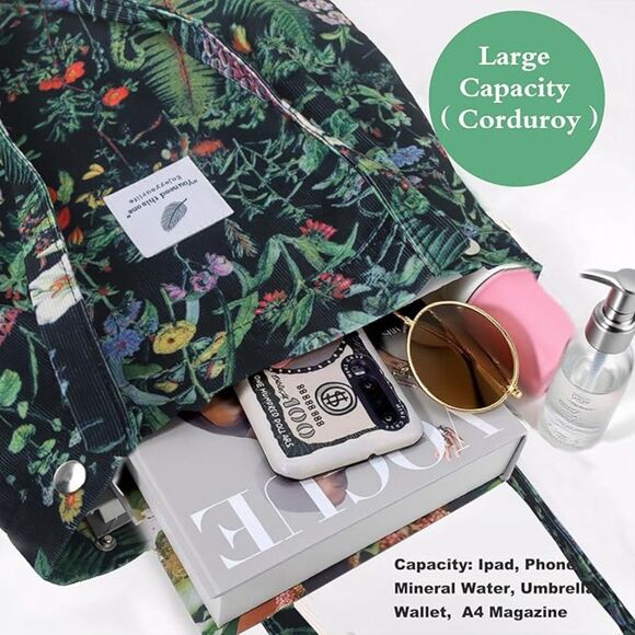 Women Black Plant Imported Corduroy Small Canvas Shoulder Handy Tote Bag - Picture 2 of 4